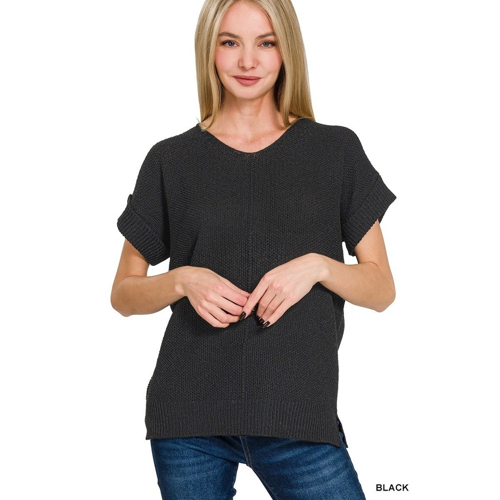 Zenana Center Seam Short Sleeve Sweater - Black - Small